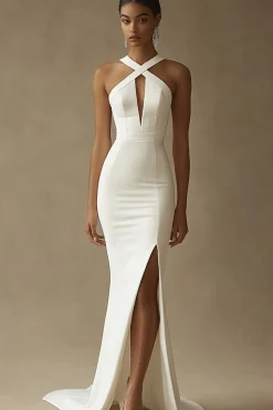 Vestido de Noiva com Fenda Sereia Longo Branco Cetim Cabeçada