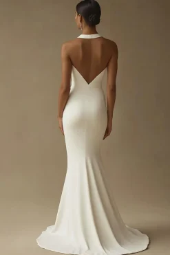 Vestido de Noiva com Fenda Sereia Longo Branco Cetim Cabeçada