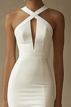 Vestido de Noiva com Fenda Sereia Longo Branco Cetim Cabeçada