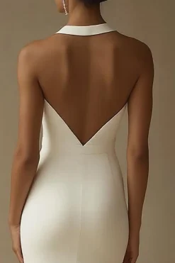Vestido de Noiva com Fenda Sereia Longo Branco Cetim Cabeçada