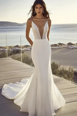 Vestido de Noiva com Lantejoulas Decote em V Marfim Sereia Cetim