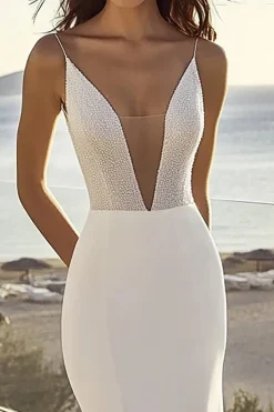 Vestido de Noiva com Lantejoulas Decote em V Marfim Sereia Cetim