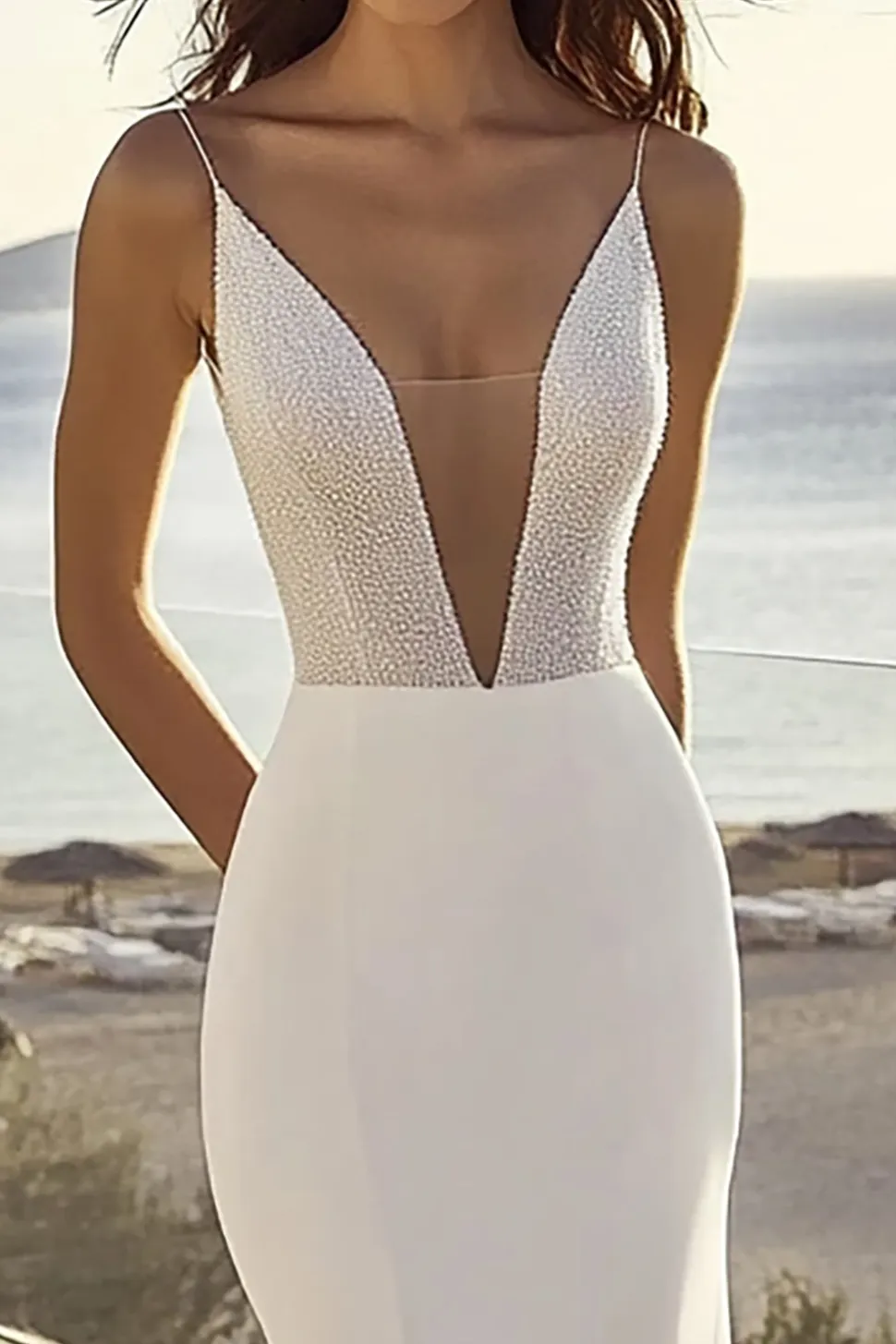 Vestido de Noiva com Lantejoulas Decote em V Marfim Sereia Cetim