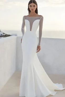 Vestido de Noiva com Mangas Compridas Marfim Cetim Longo Sereia