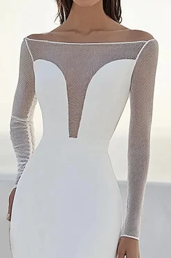 Vestido de Noiva com Mangas Compridas Marfim Cetim Longo Sereia