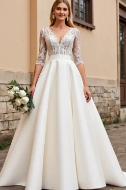 Vestido de Noiva com Meias Mangas Renda Longo Linha-A Marfim