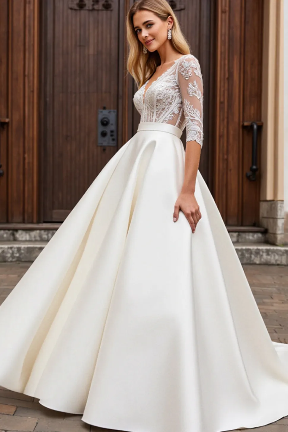 Vestido de Noiva com Meias Mangas Renda Longo Linha-A Marfim