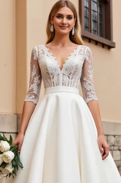 Vestido de Noiva com Meias Mangas Renda Longo Linha-A Marfim