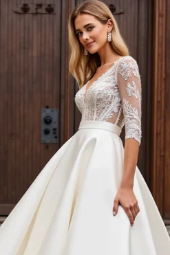 Vestido de Noiva com Meias Mangas Renda Longo Linha-A Marfim