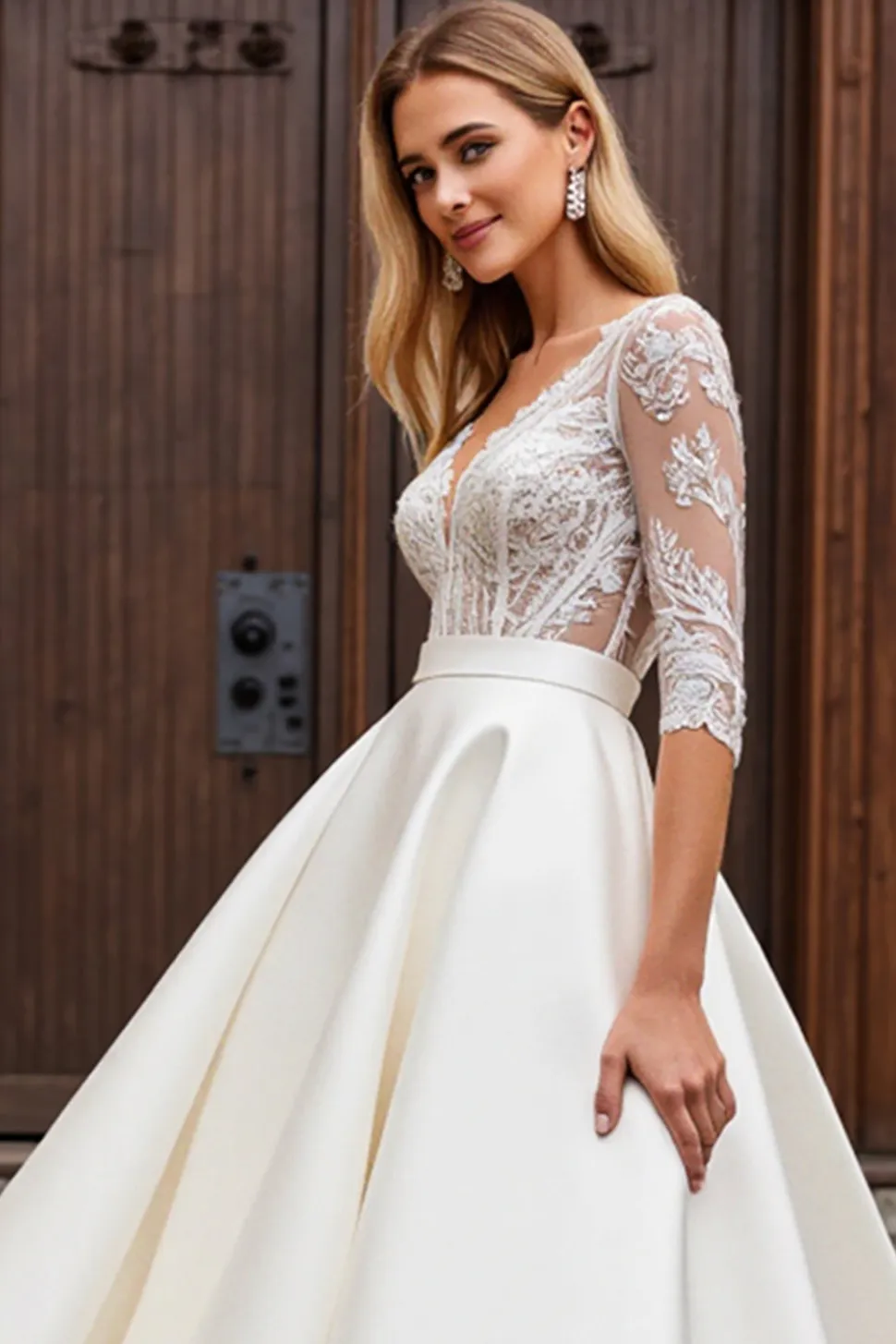 Vestido de Noiva com Meias Mangas Renda Longo Linha-A Marfim