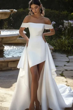 Vestido de Noiva com Trem Drapeado Marfim Fora do Ombro Assimétrico Cetim