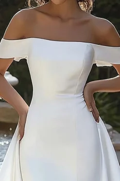 Vestido de Noiva com Trem Drapeado Marfim Fora do Ombro Assimétrico Cetim