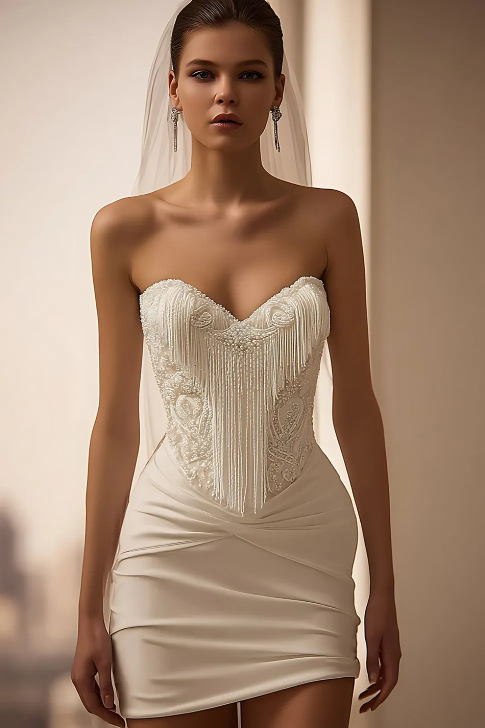 Vestido de Noiva Curto Bodycon em Cetim Marfim com franjas
