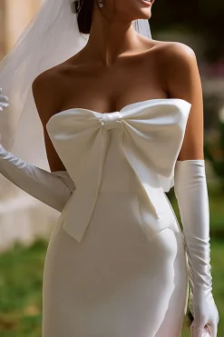 Vestido de Noiva Curto Bodycon Branco Bodycon Sem Alças com Laço (Sem Luvas)