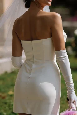 Vestido de Noiva Curto Bodycon Branco Bodycon Sem Alças com Laço (Sem Luvas)