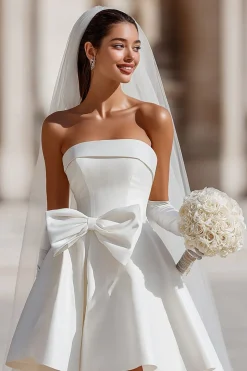 Vestido de Noiva Curto Branco A Line Sem Alças com Bolsos
