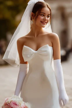 Vestido de Noiva Curto de Cetim Bodycon Bodycon Branco com Laço (sem Luvas)