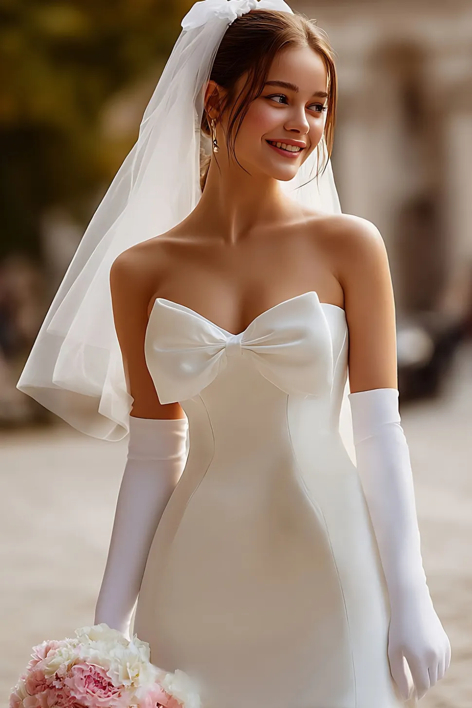 Vestido de Noiva Curto de Cetim Bodycon Bodycon Branco com Laço (sem Luvas)