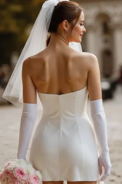 Vestido de Noiva Curto de Cetim Bodycon Bodycon Branco com Laço (sem Luvas)
