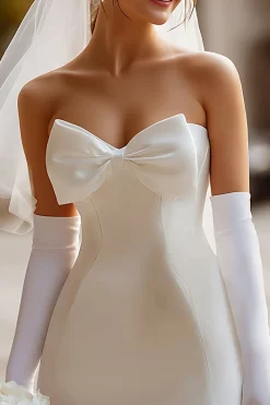 Vestido de Noiva Curto de Cetim Bodycon Bodycon Branco com Laço (sem Luvas)