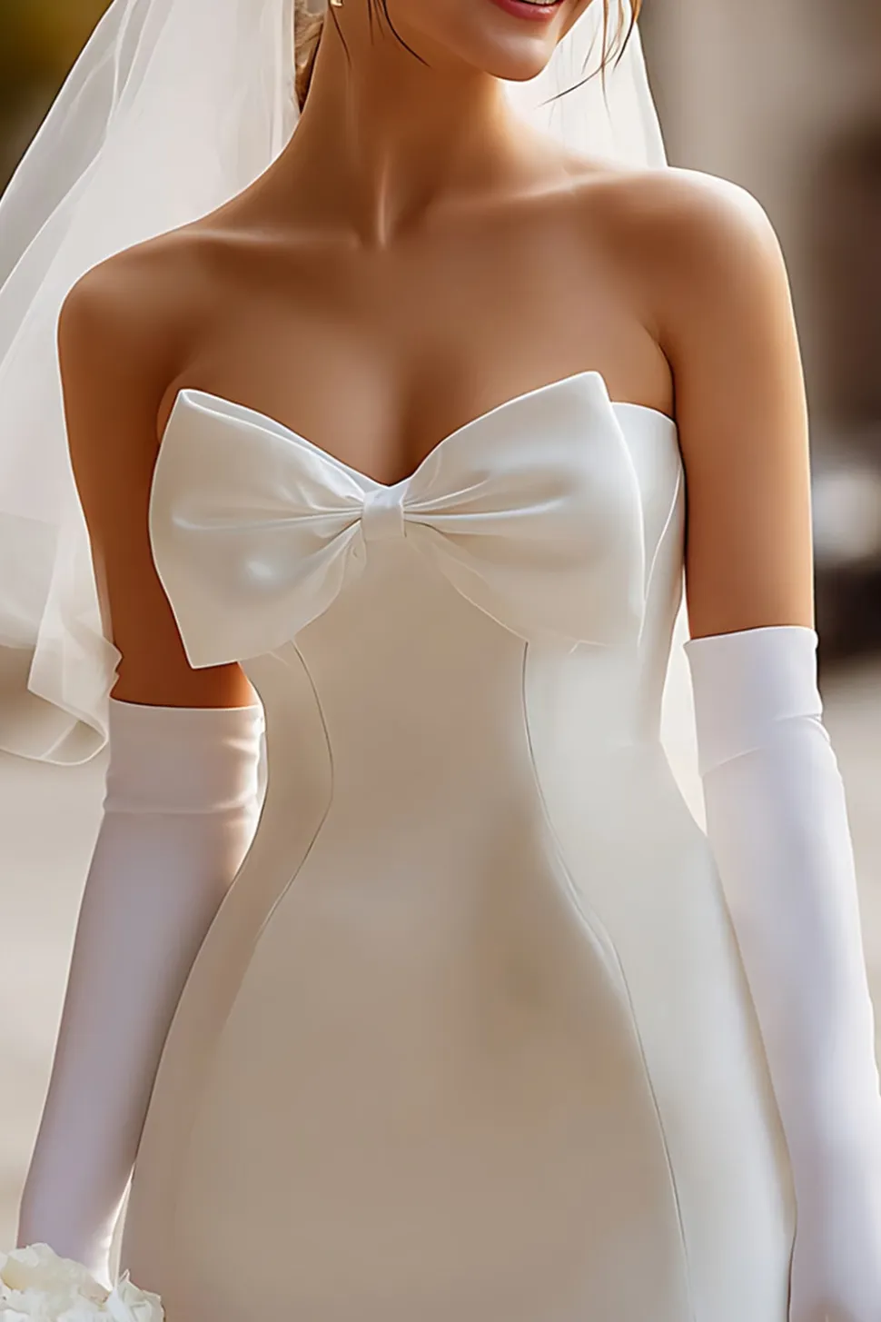 Vestido de Noiva Curto de Cetim Bodycon Bodycon Branco com Laço (sem Luvas)