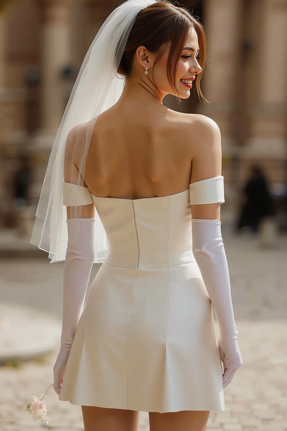 Vestido de noiva curto em espartilho de cetim em marfim sem alças sem luvas