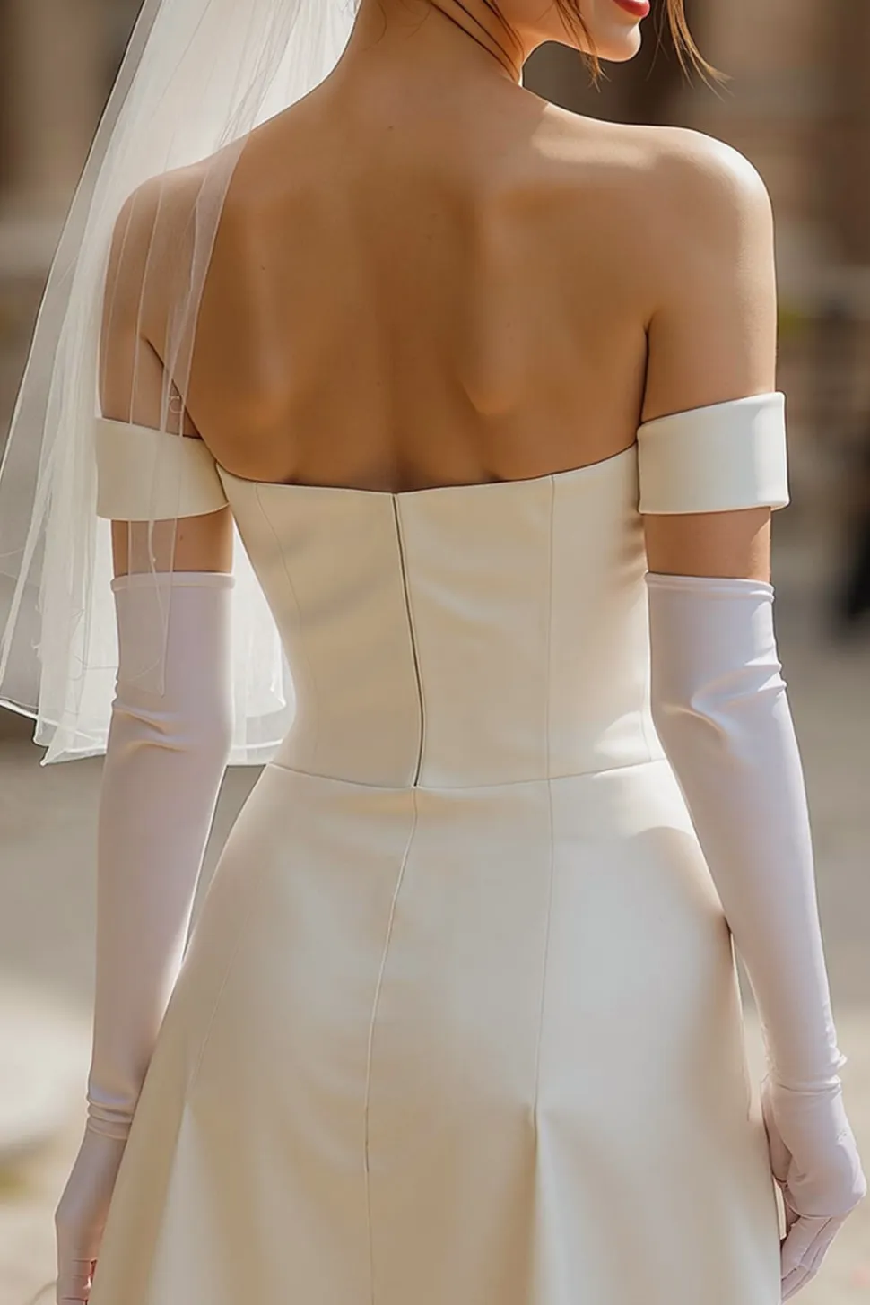 Vestido de noiva curto em espartilho de cetim em marfim sem alças sem luvas