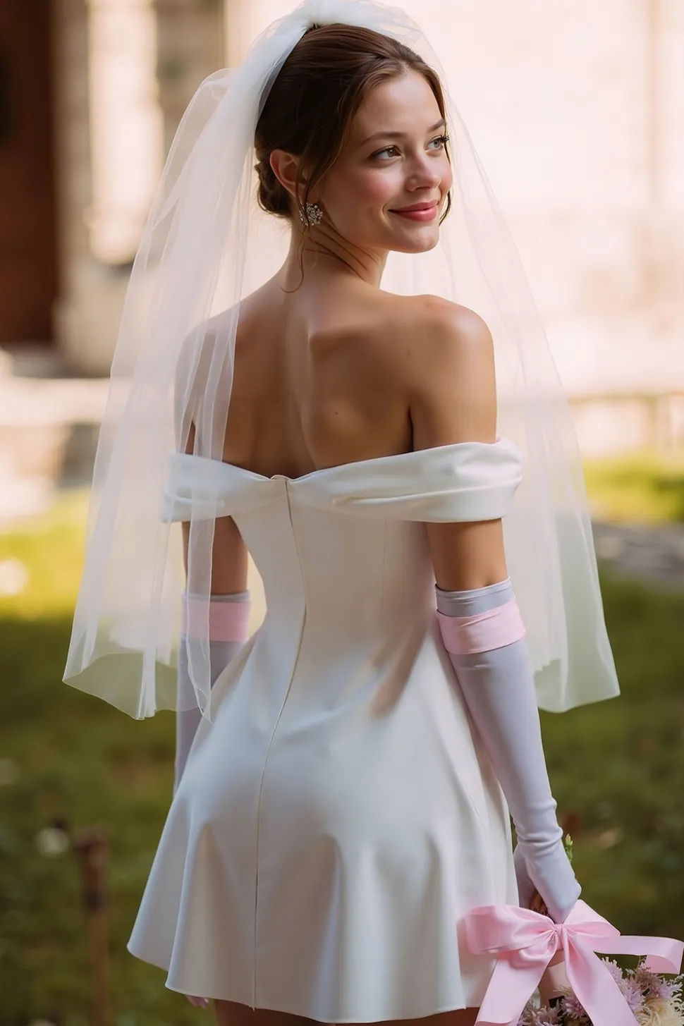 Vestido de Noiva Curto Linha A Branco Sem Ombros (Sem Luvas)