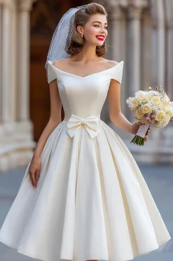 Vestido de Noiva Curto Shouder Ivory com Laço