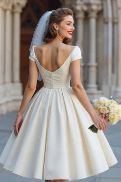Vestido de Noiva Curto Shouder Ivory com Laço