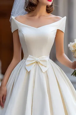 Vestido de Noiva Curto Shouder Ivory com Laço