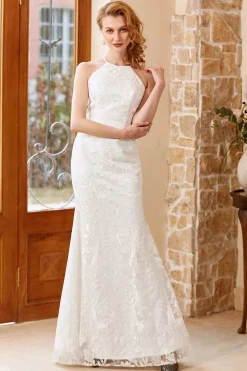 Vestido de noiva de comprimento de chão de sereia branca