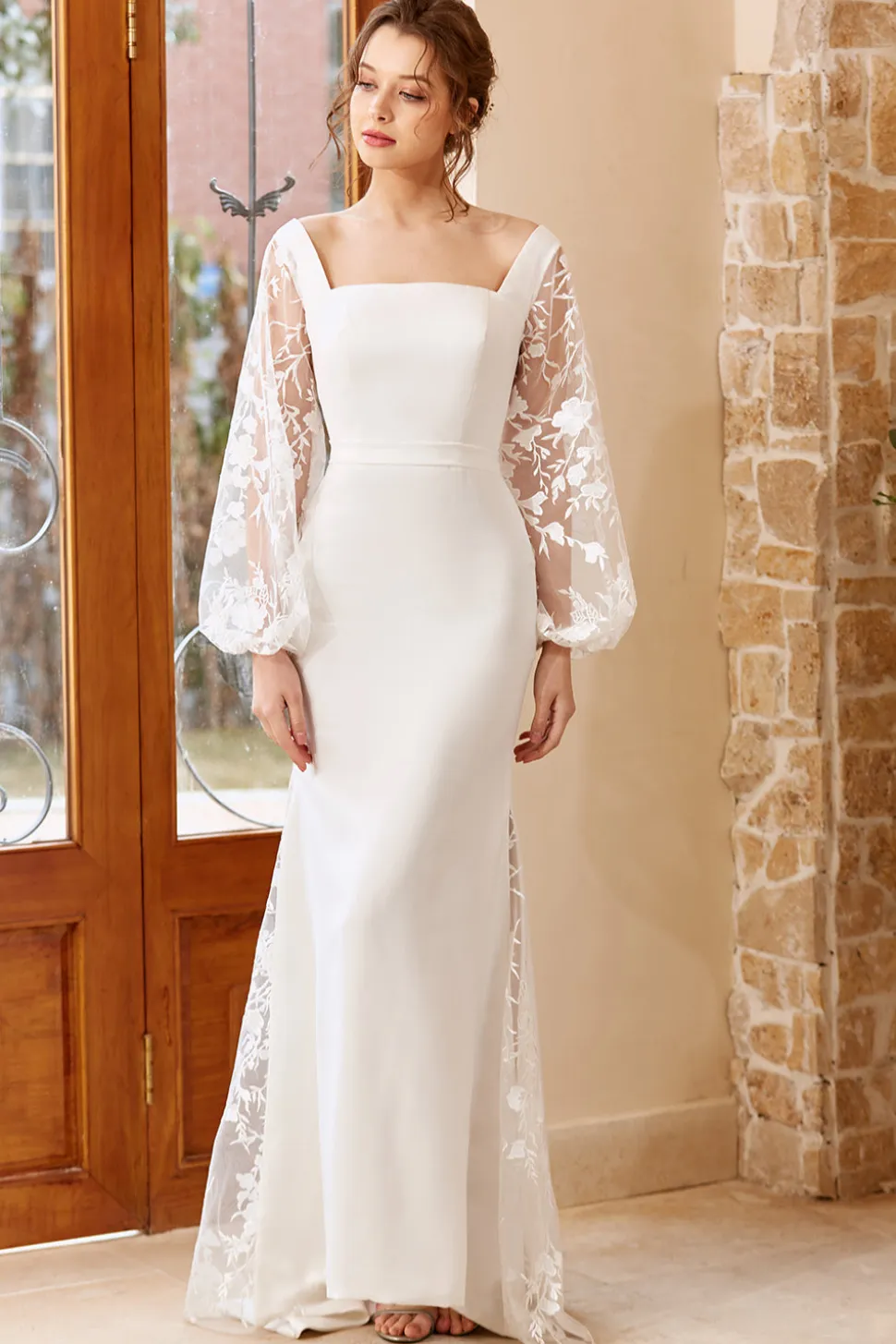 Vestido de noiva de mangas compridas de sereia branca