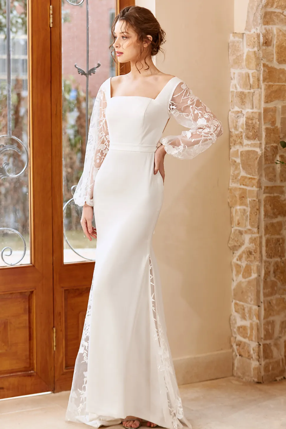 Vestido de noiva de mangas compridas de sereia branca