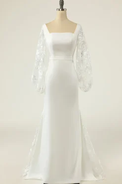 Vestido de noiva de mangas compridas de sereia branca