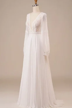 Vestido de noiva de marfim de mangas compridas com renda