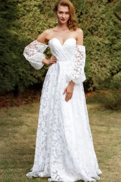 Vestido de noiva de organza branca fora do ombro