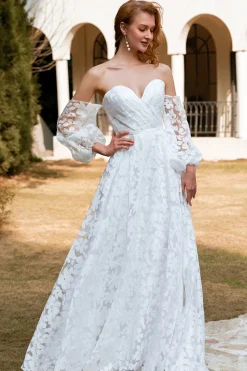 Vestido de noiva de organza branca fora do ombro