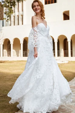 Vestido de noiva de organza branca fora do ombro