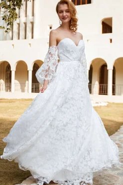 Vestido de noiva de organza branca fora do ombro