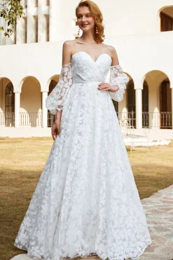 Vestido de noiva de organza branca fora do ombro
