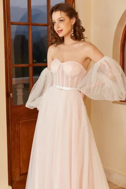 Vestido de noiva de Polka Dots cor-de-rosa com mangas puff