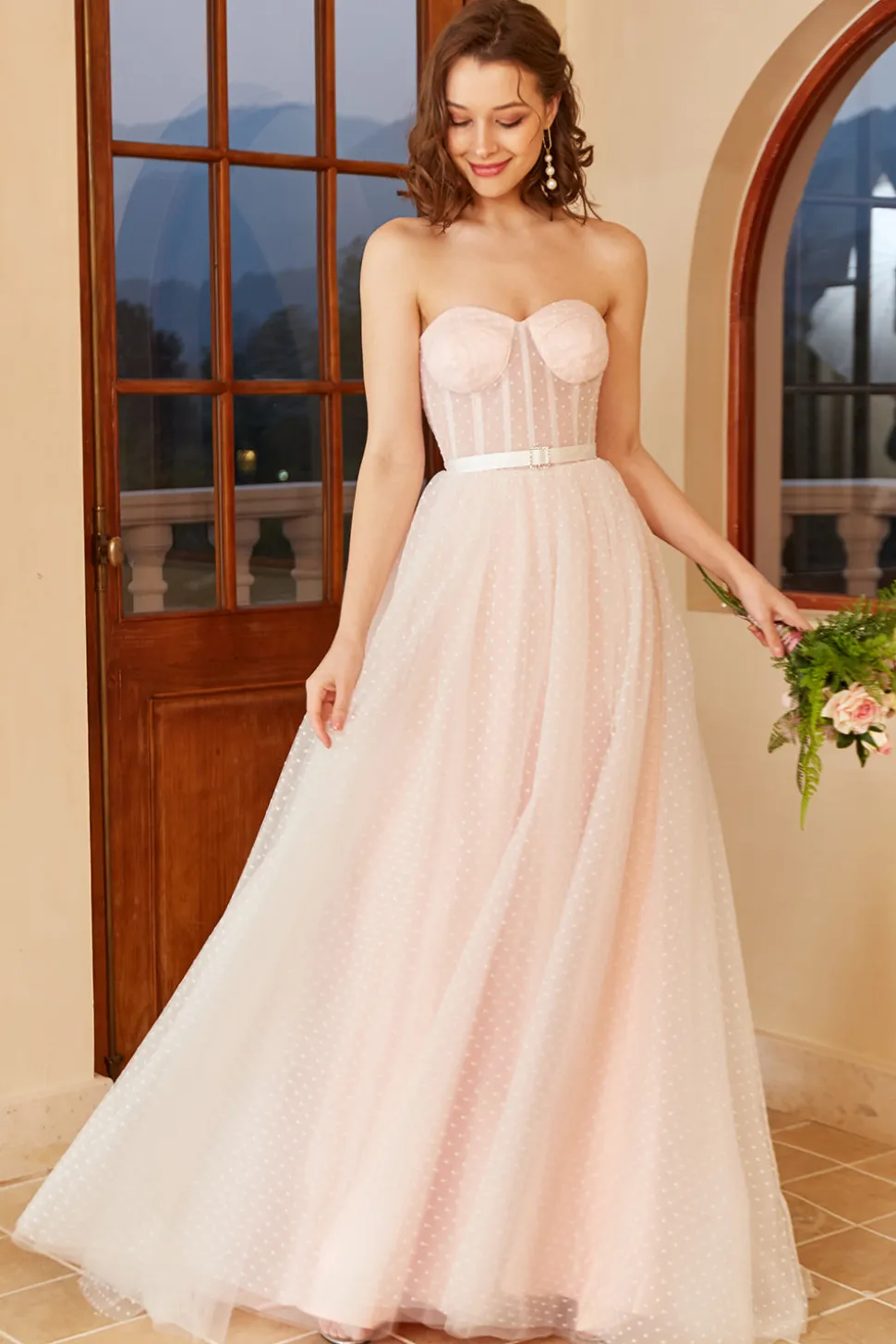 Vestido de noiva de Polka Dots cor-de-rosa com mangas puff