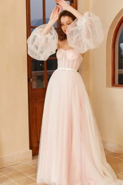 Vestido de noiva de Polka Dots cor-de-rosa com mangas puff