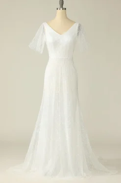 Vestido de noiva de renda de pescoço v branco