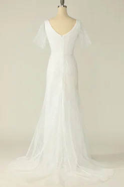 Vestido de noiva de renda de pescoço v branco