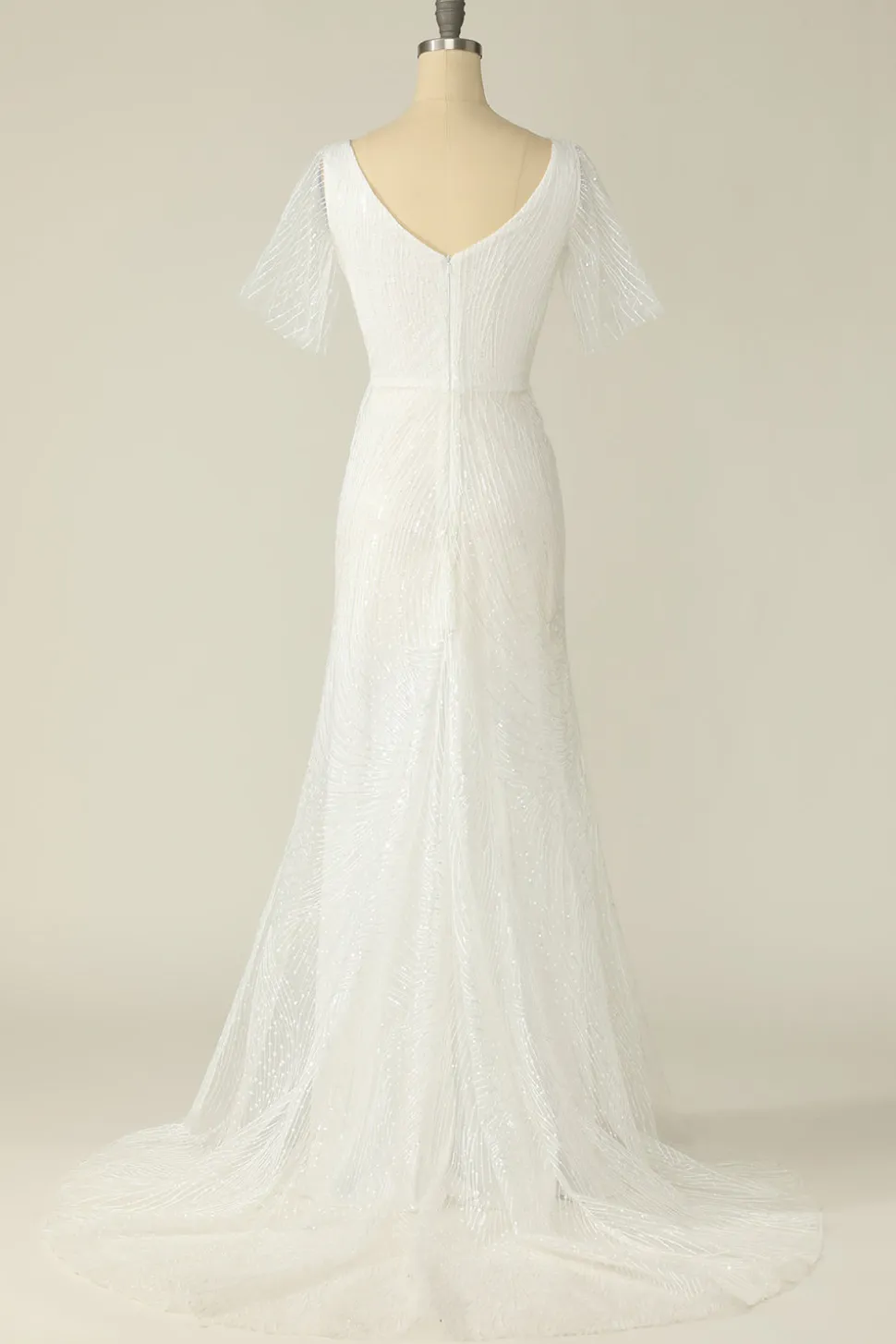 Vestido de noiva de renda de pescoço v branco