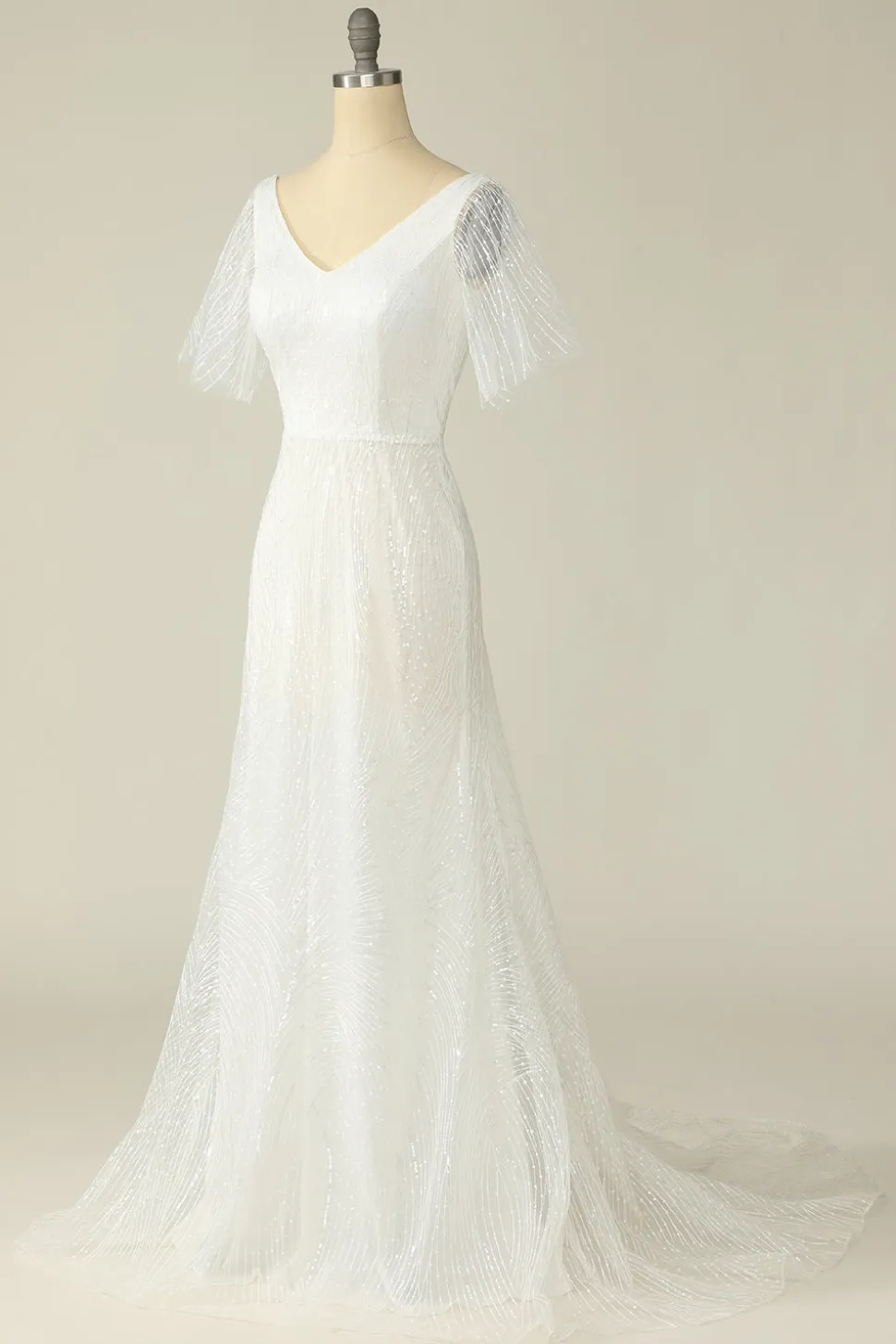 Vestido de noiva de renda de pescoço v branco