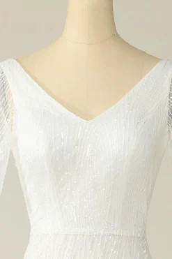 Vestido de noiva de renda de pescoço v branco