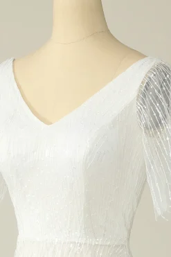 Vestido de noiva de renda de pescoço v branco